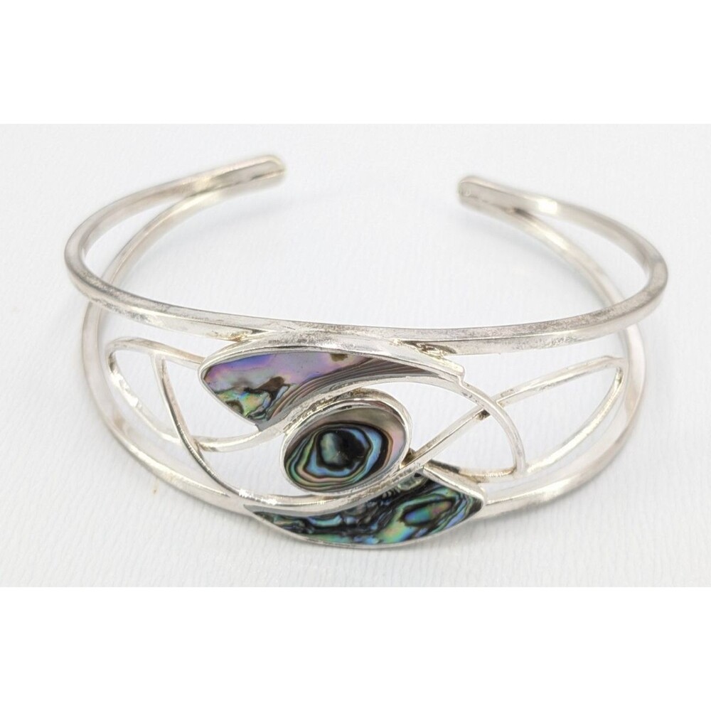 Vintage Abalone Shell Cuff Bracelet Silver Tone Openwork Swirl Small 6.5in Fit